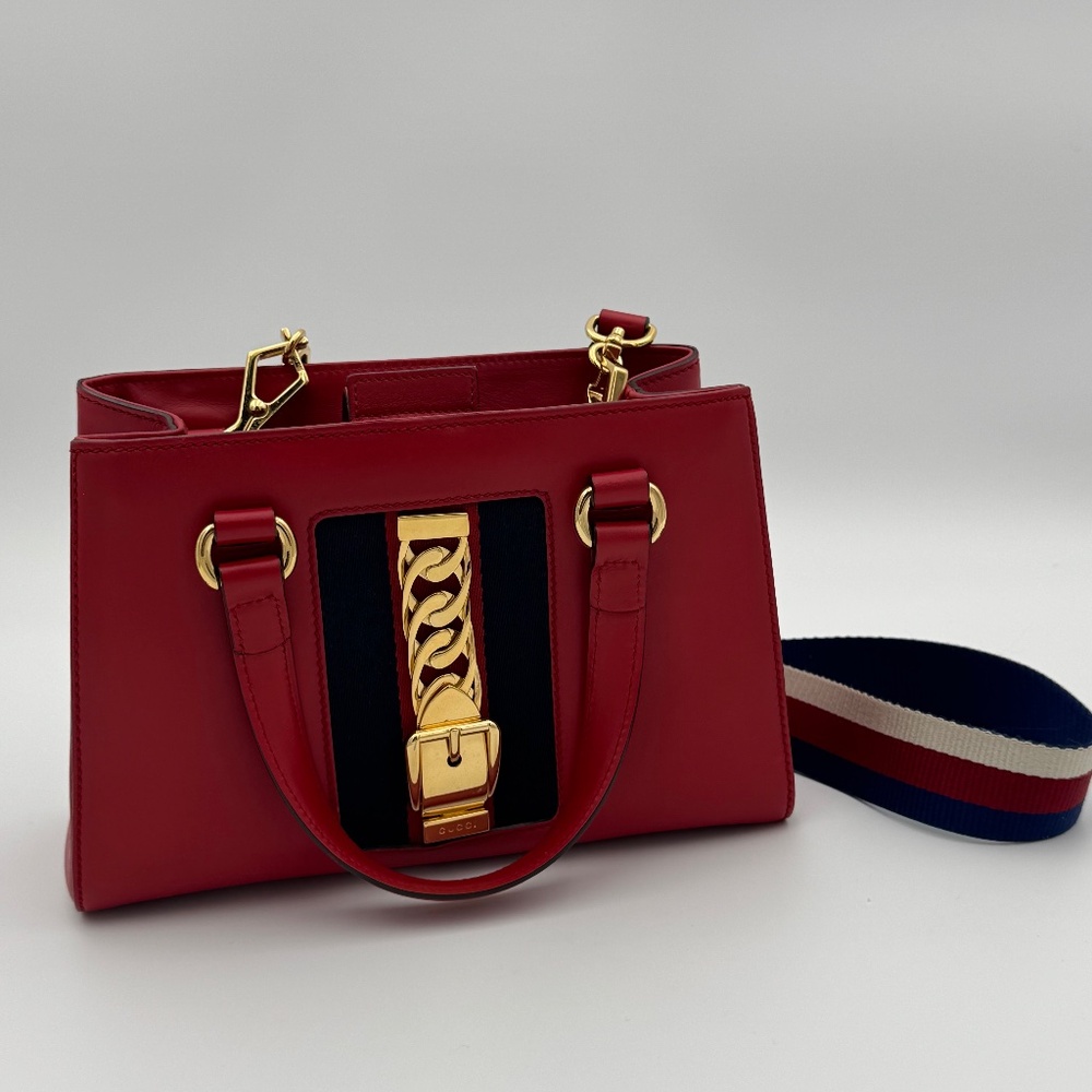 Gucci Sylvie 1969 Web Chain Top Handle Bag – Red Leather with COA
